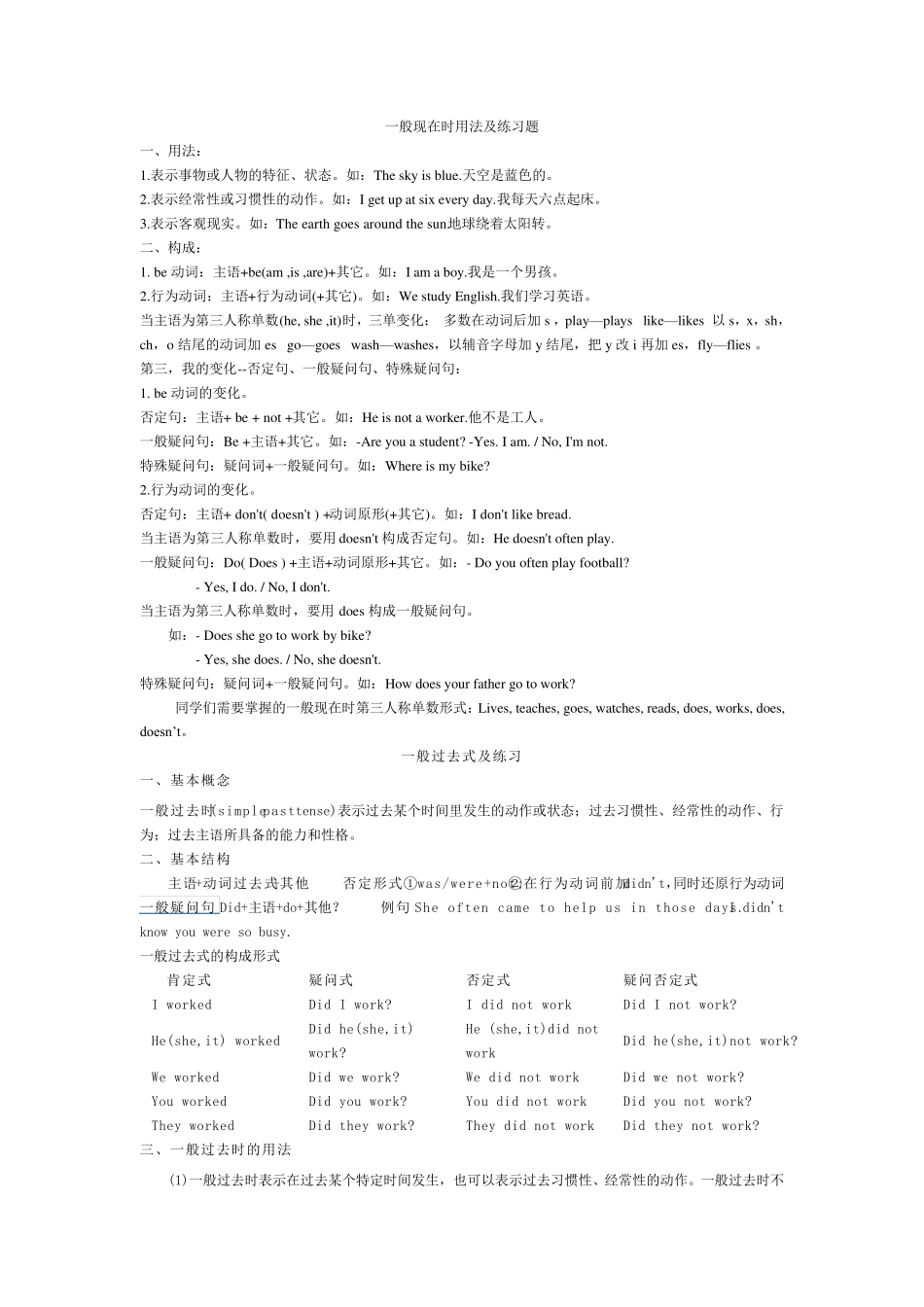 一般现在时,一般过去式及现在进行时知识点及练习题_第1页