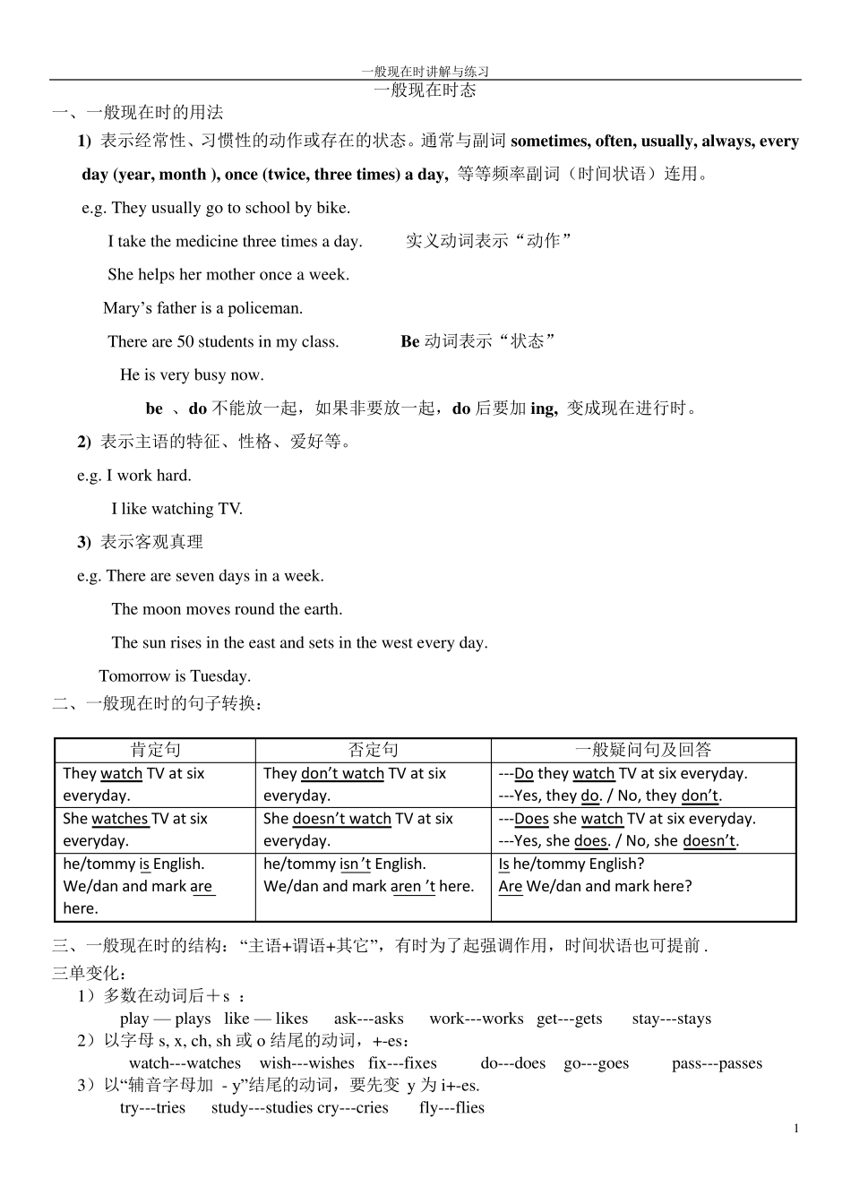 一般现在时态讲解及练习(精简版,错题版)_第1页