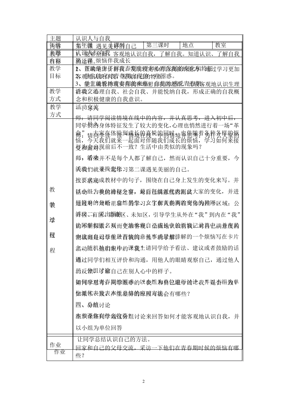 七年级《人与自我》地方课程教学设计_第2页