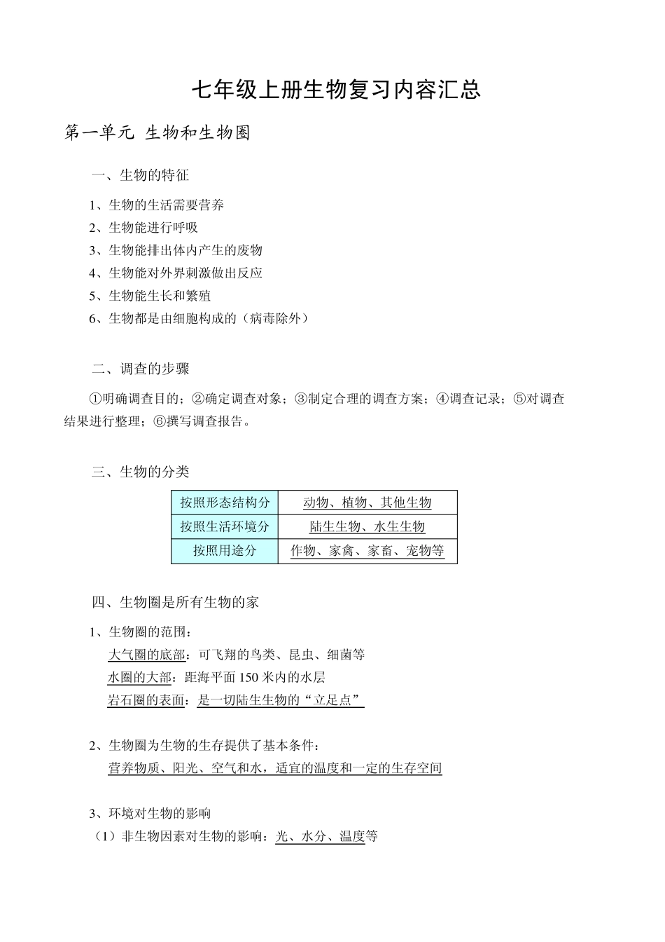 七年级上册生物复习内容汇总_第1页