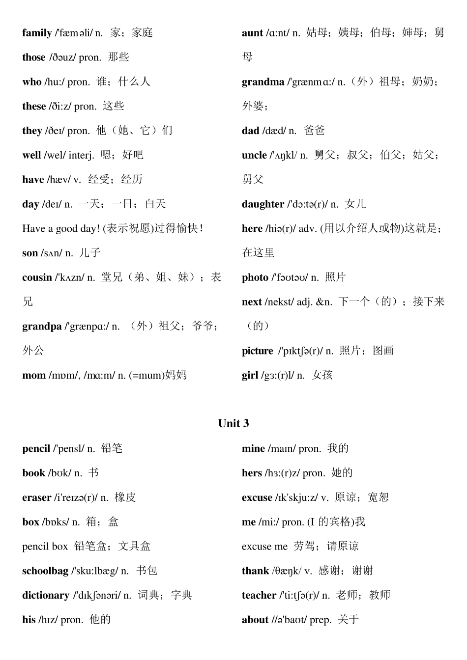 七年级上册英语单词必背表(带音标)_第3页