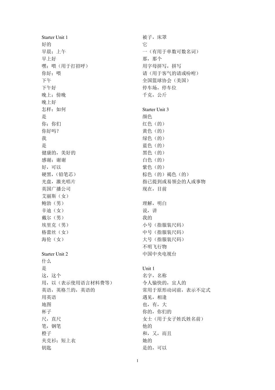 七年级上册英语单词表(适合默写_只有中文)_第1页