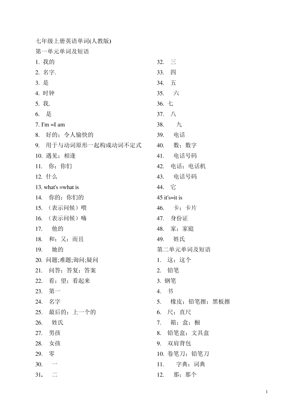 七年级上册英语单词表人教版(可供默写)_第1页