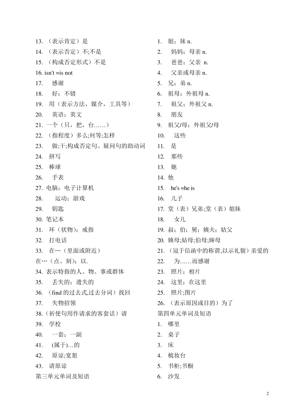 七年级上册英语单词表人教版(可供默写)_第2页