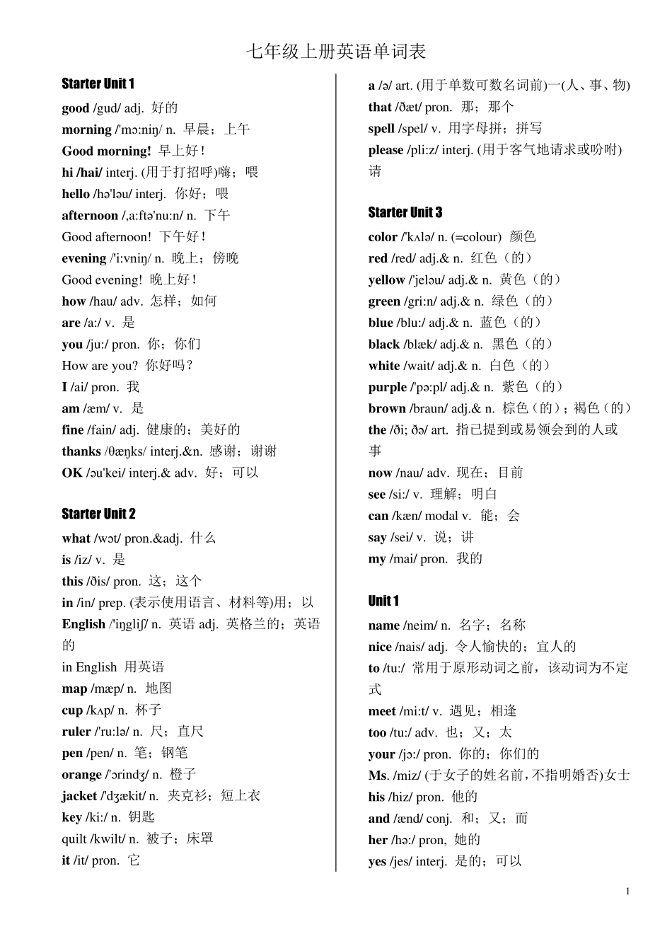 七年级上册英语各单元单词表_第1页