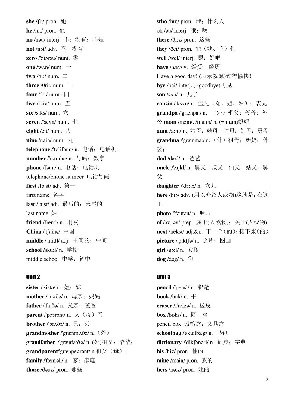 七年级上册英语各单元单词表_第2页
