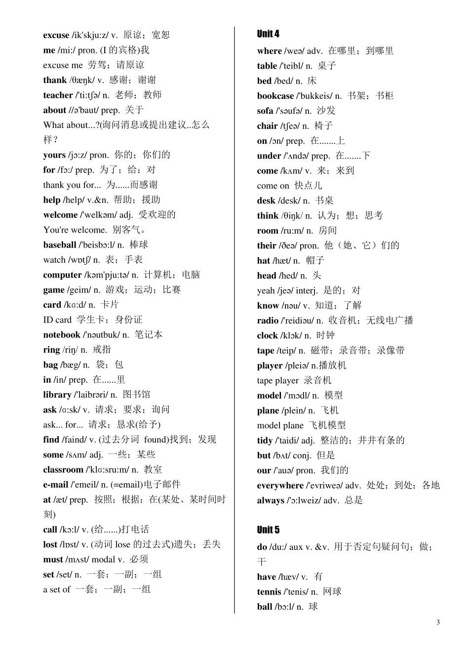 七年级上册英语各单元单词表_第3页