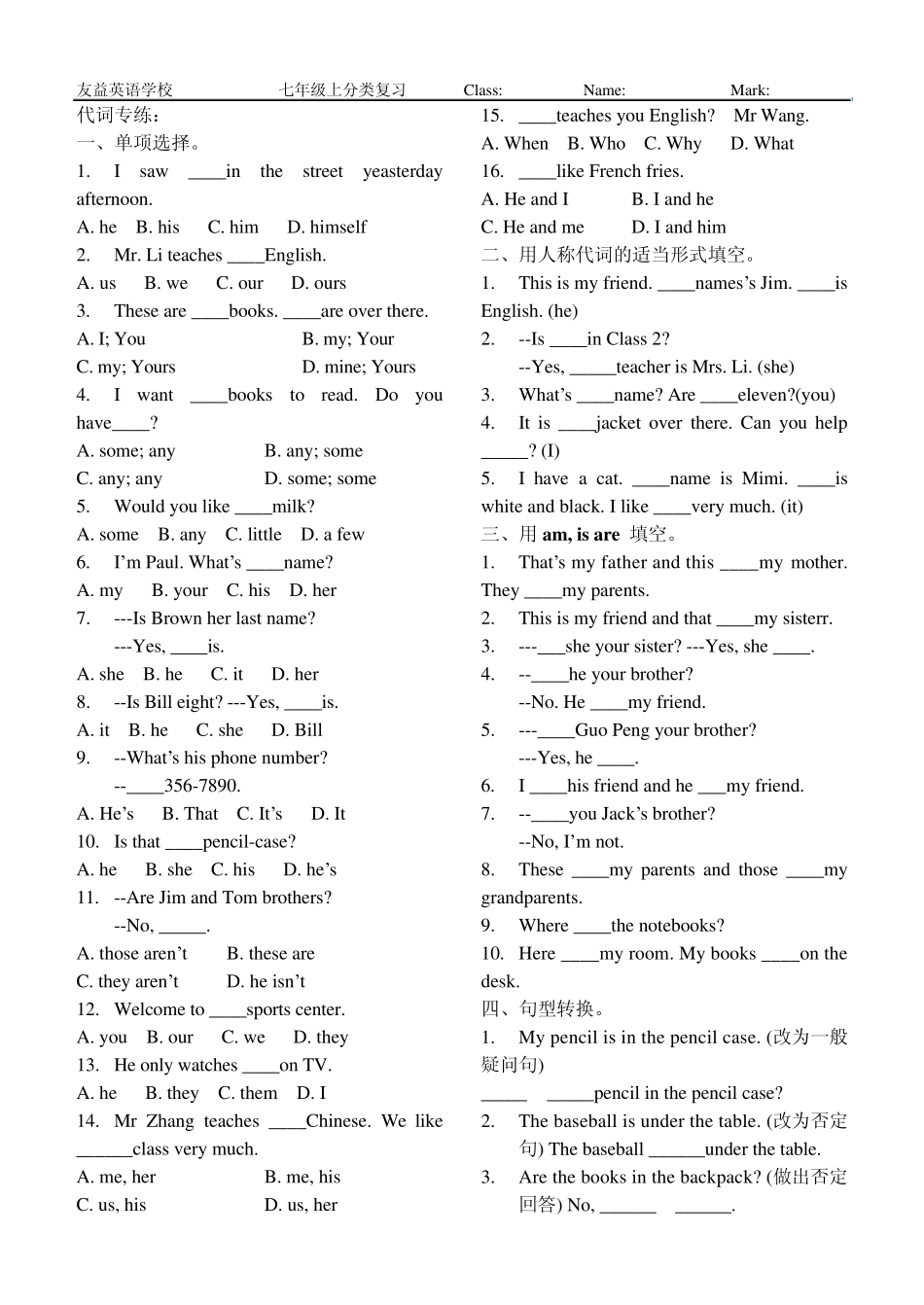 七年级上学期语法分类复习_第2页