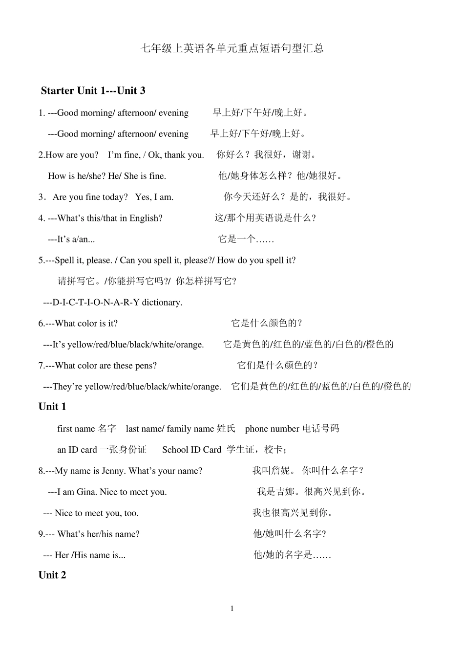 七年级上英语各单元重点词汇句型汇总_第1页