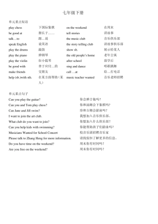 七年级下册112重点短语句子