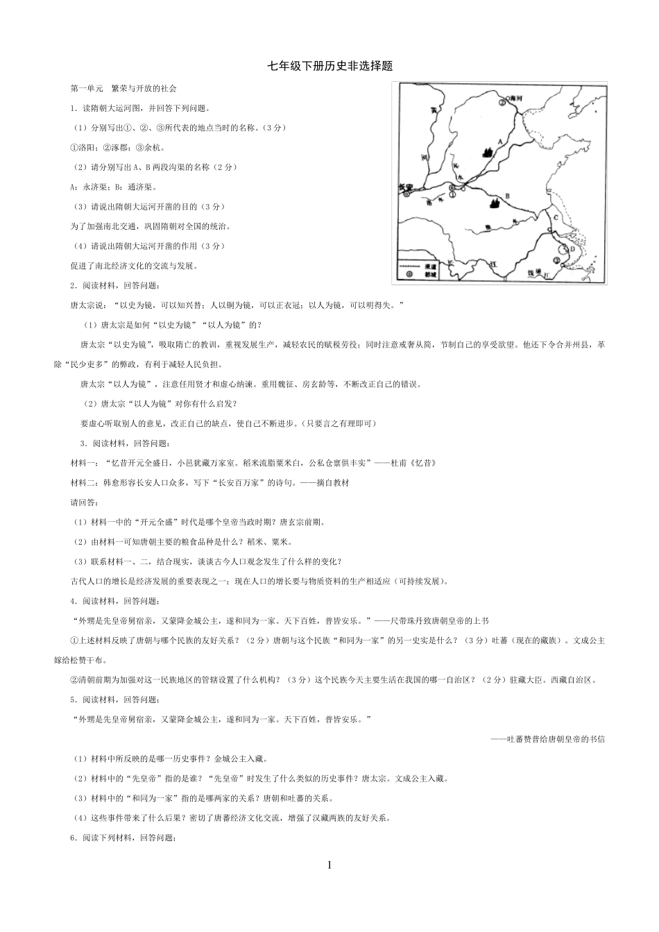 七年级下册历史非选择题_第1页