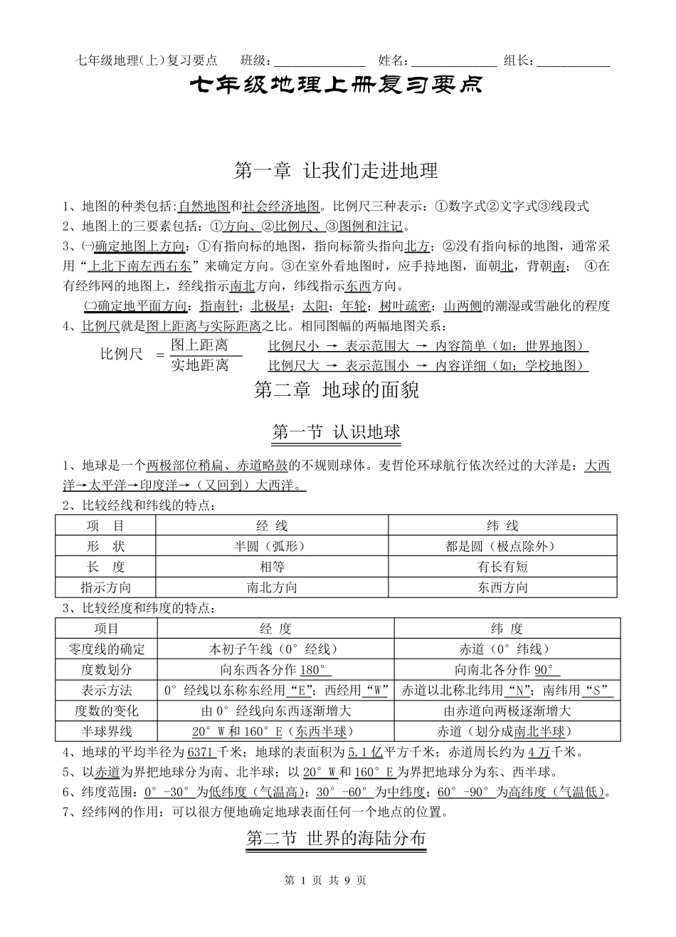 七年级地理上册知识要点(湘教版)_第1页
