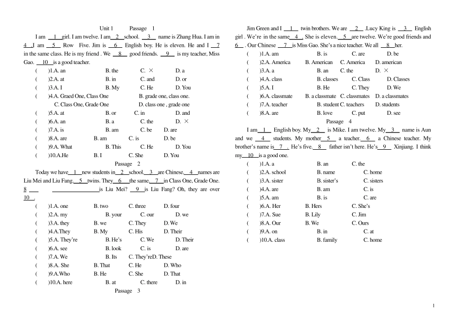七年级英语完形填空100篇_第1页