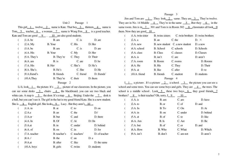 七年级英语完形填空100篇_第2页
