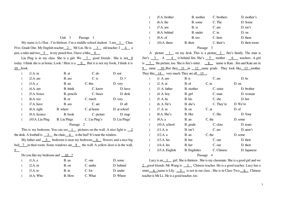 七年级英语完形填空100篇_第3页