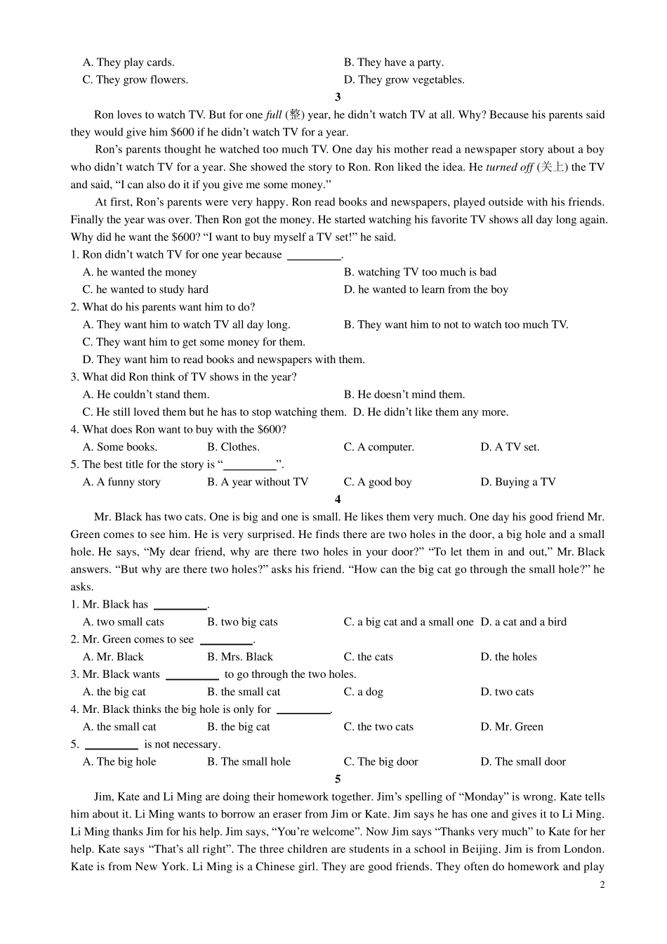 七年级英语阅读理解专项训练附答案_第2页