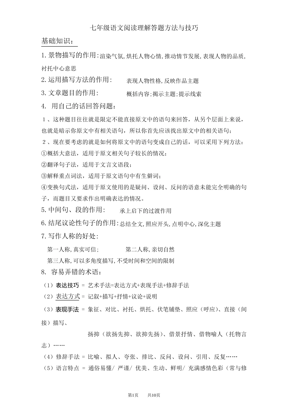 七年级语文阅读理解答题方法与技巧_第1页