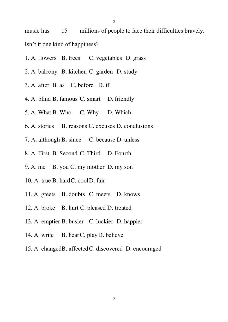 七篇,中考初三英语,完形填空15个空题型_第2页