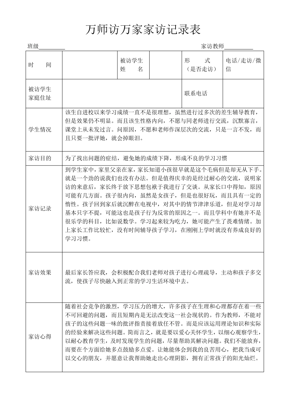 万师访万家家访记录表_第1页