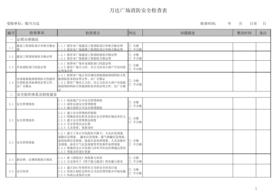 万达总部联合检查表(安全、物业、工程)(银川)_第1页