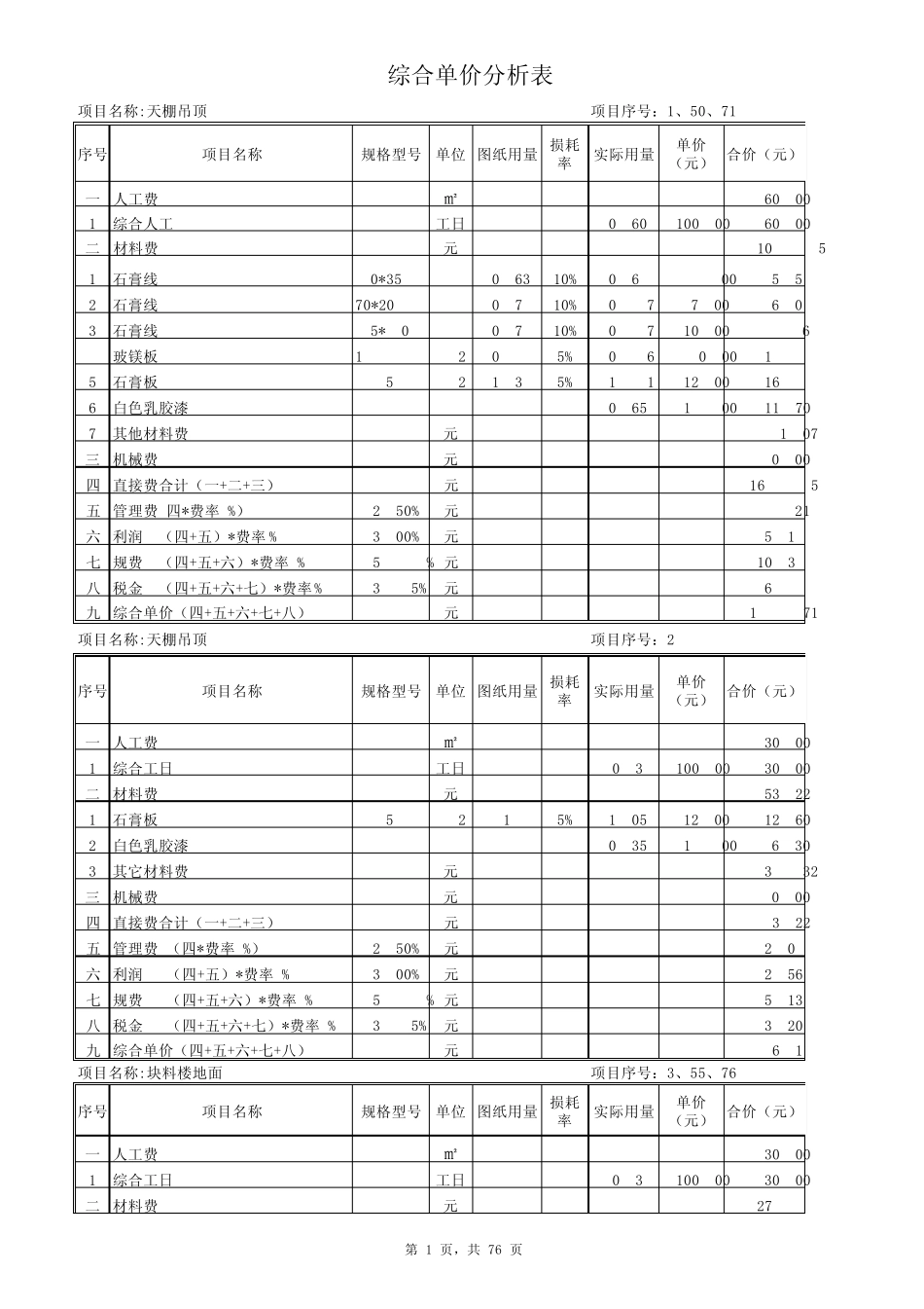 万达精装修工程量清单_第1页
