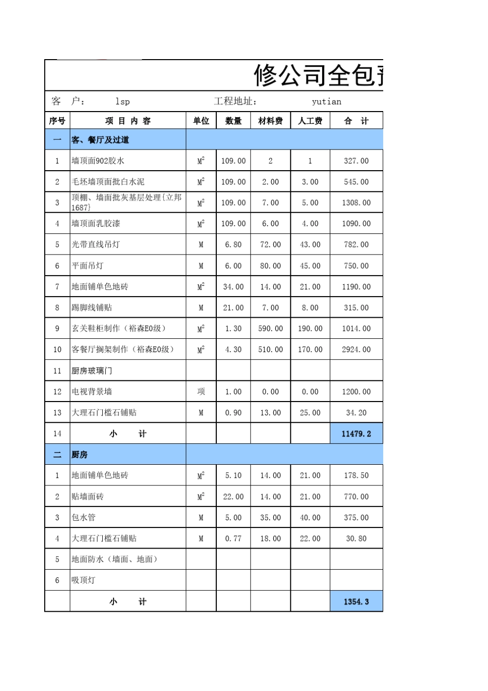 三室两厅两卫装修预算报价价格清单_第1页