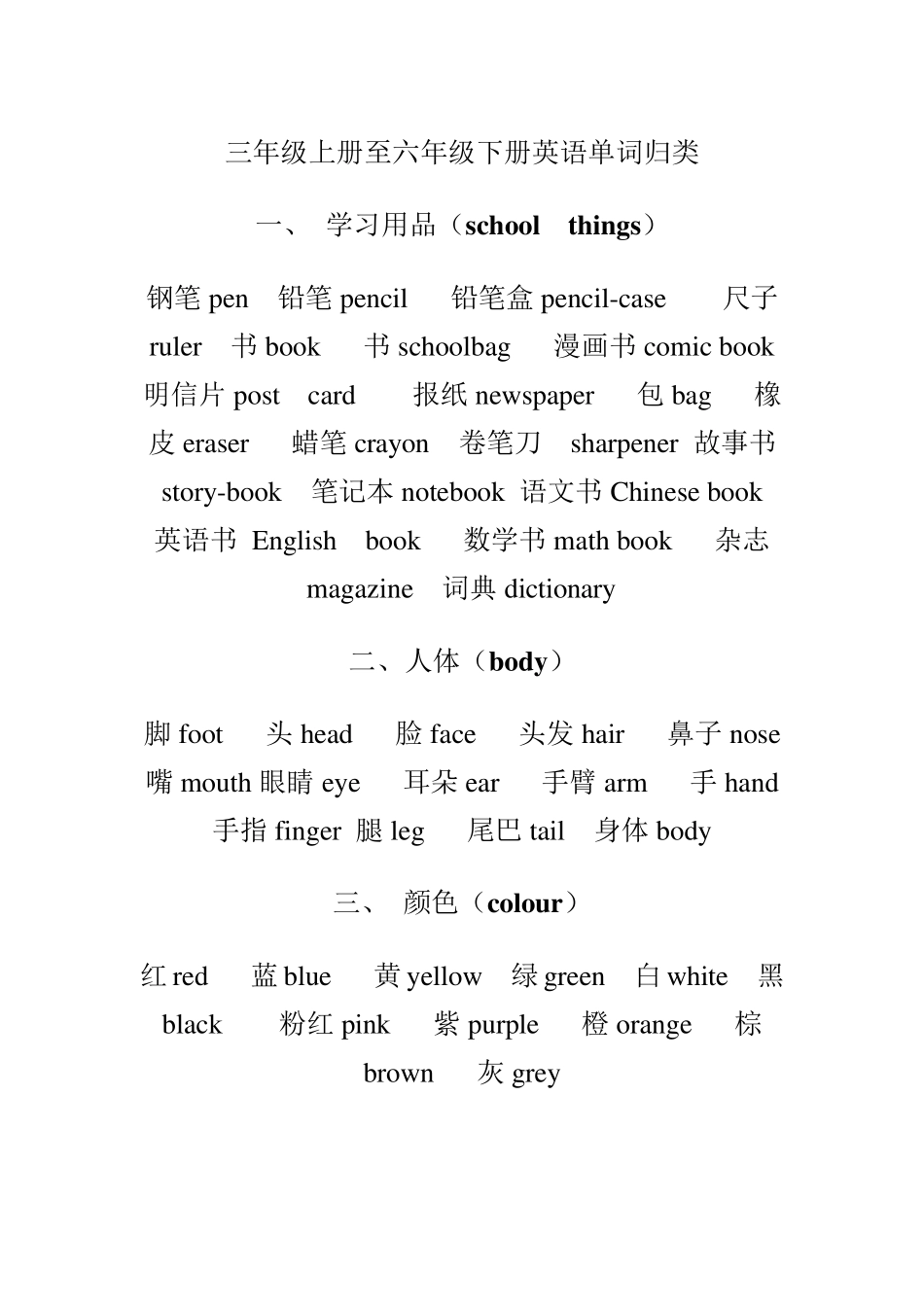 三年级上册至六年级下册英语单词归类_第1页