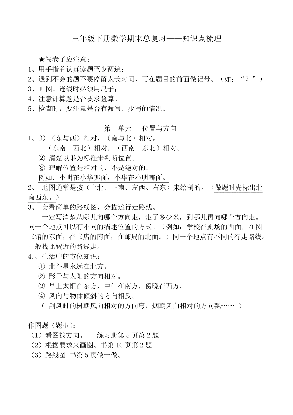 三年级下册数学期末复习重点_第1页