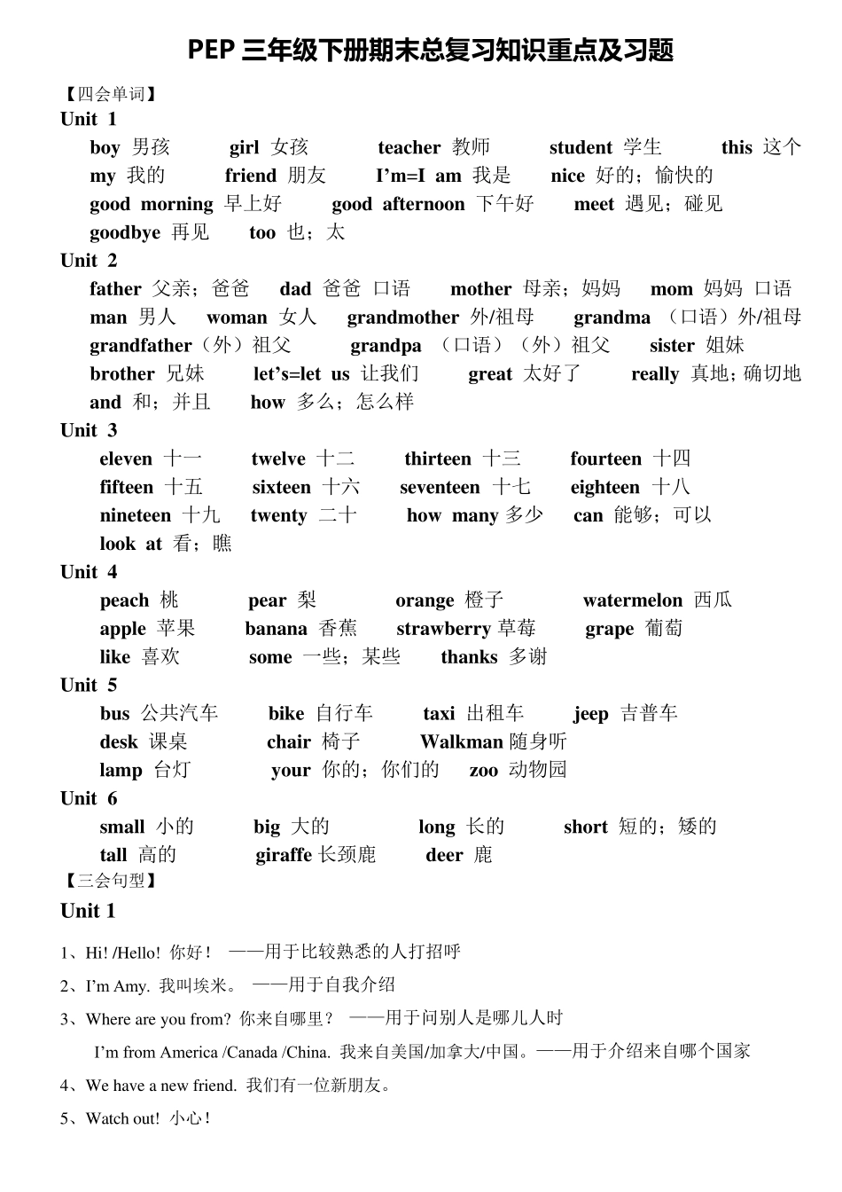 三年级下册英语重点复习资料_第1页