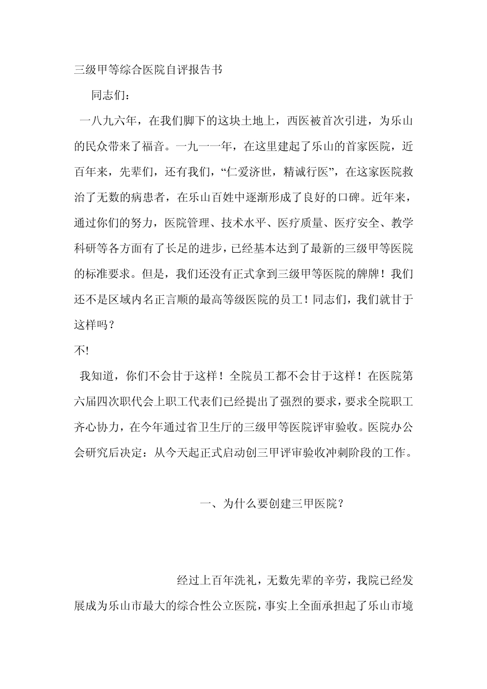 三级甲等综合医院自评报告书_第1页