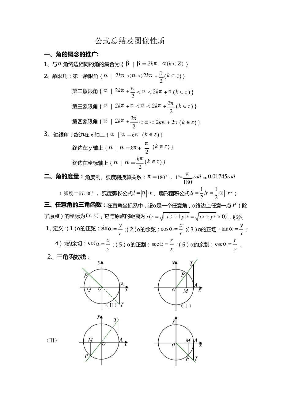 三角函数及平面向量公式及图像性质总结_第1页