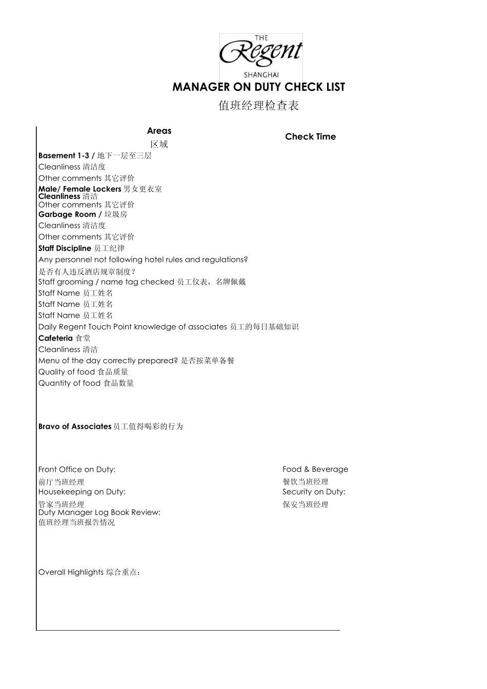 上海regent的值班经理检查表_第3页