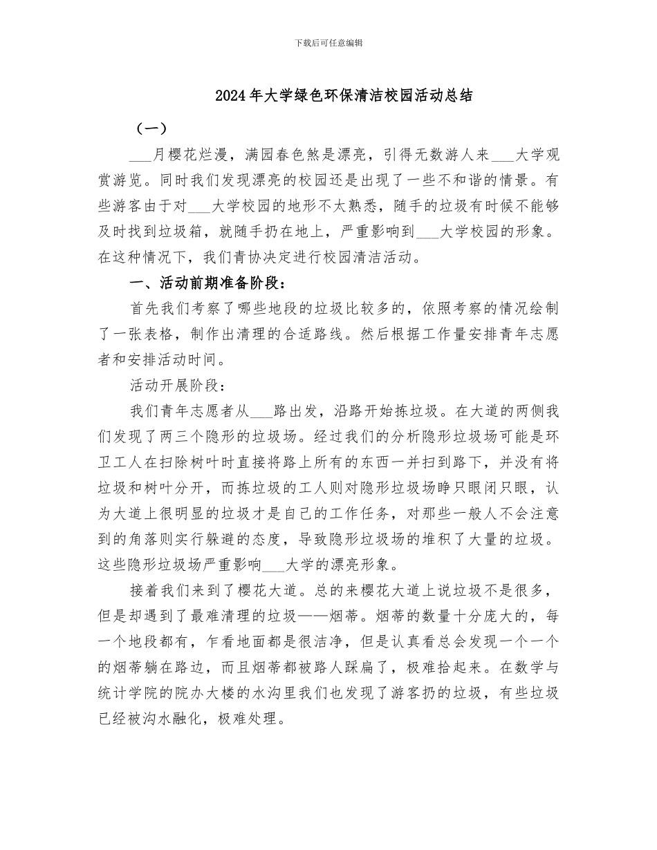 2024年大学绿色环保清洁校园活动总结_第1页
