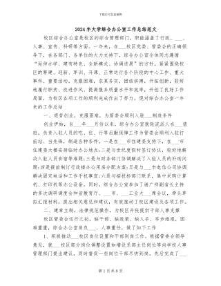 2024年大学综合办公室工作总结范文