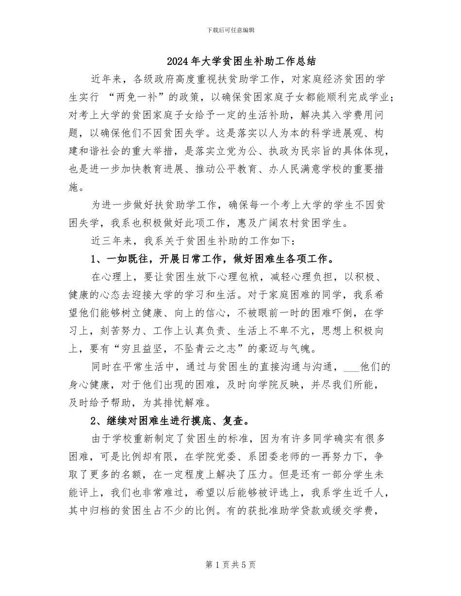 2024年大学贫困生补助工作总结_第1页