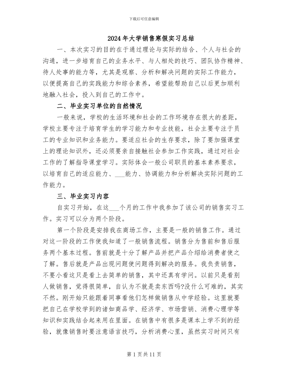 2024年大学销售寒假实习总结_第1页