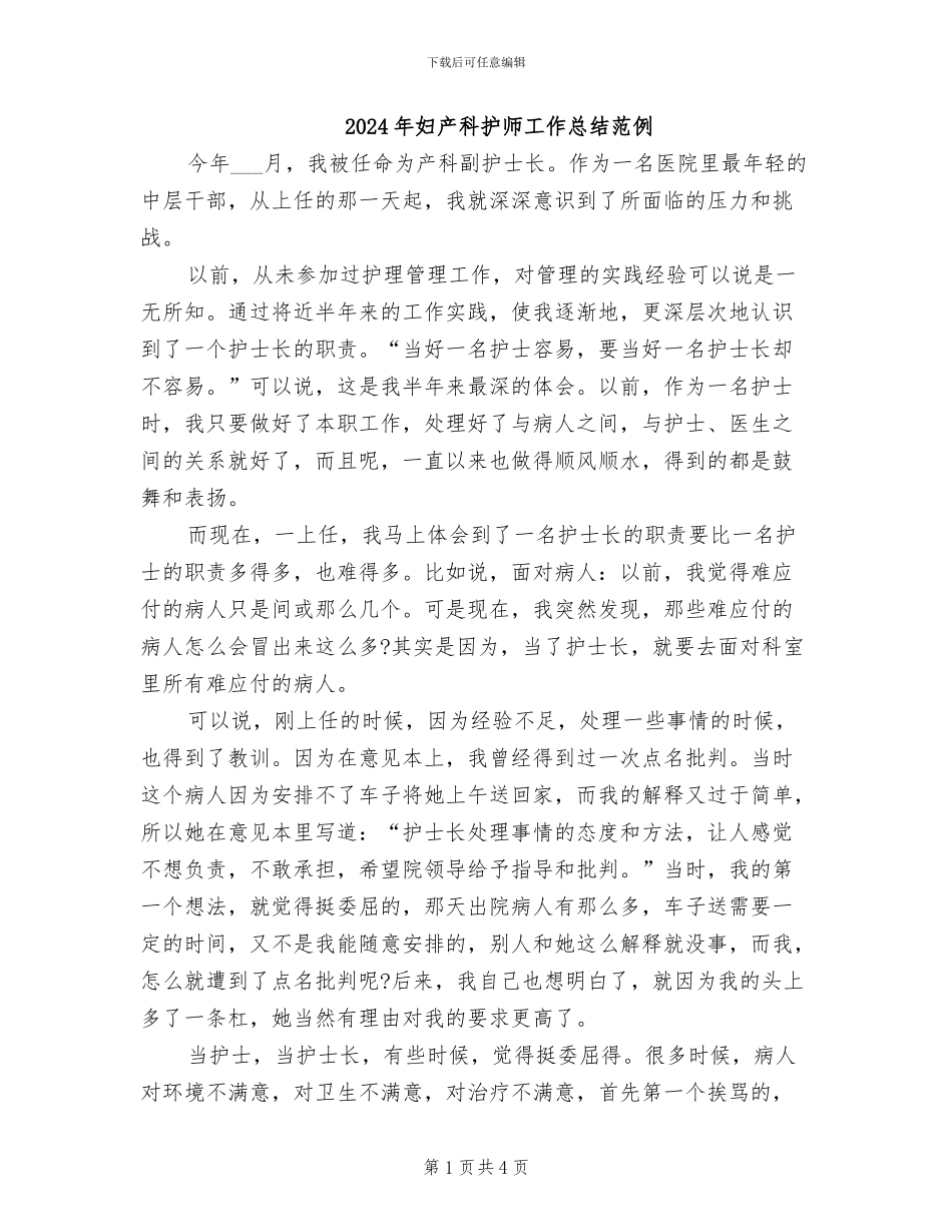 2024年妇产科护师工作总结范例_第1页