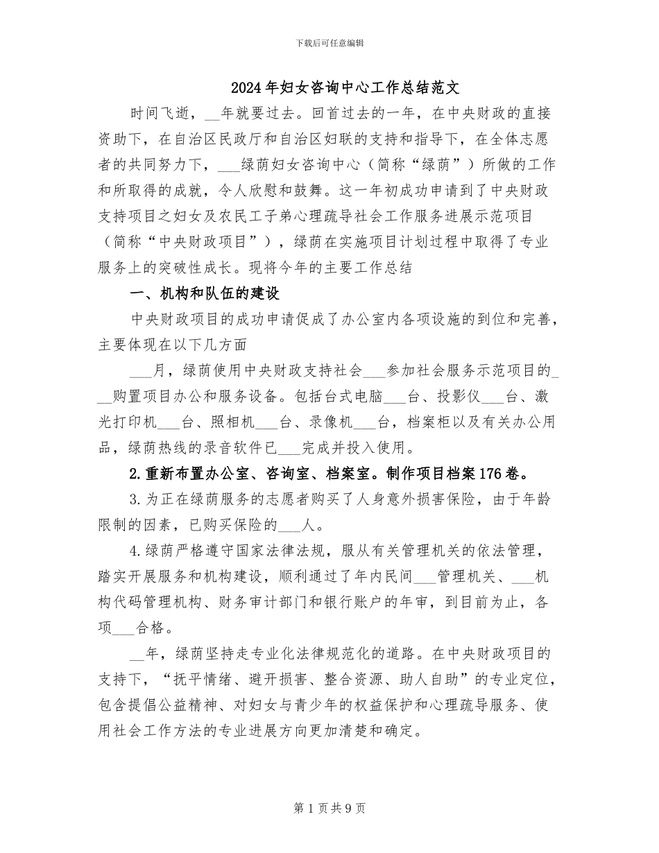 2024年妇女咨询中心工作总结范文_第1页