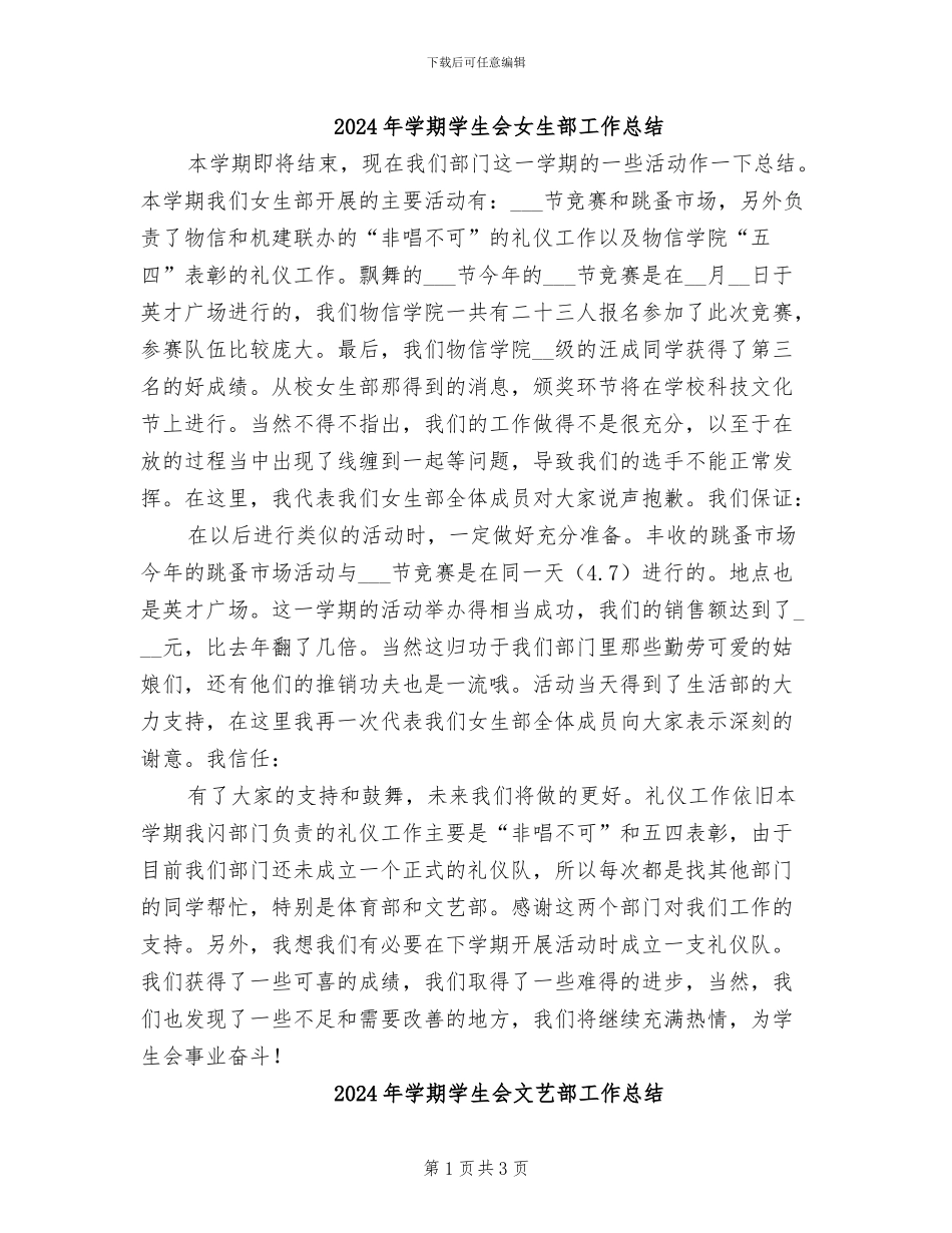 2024年学期学生会女生部工作总结_第1页