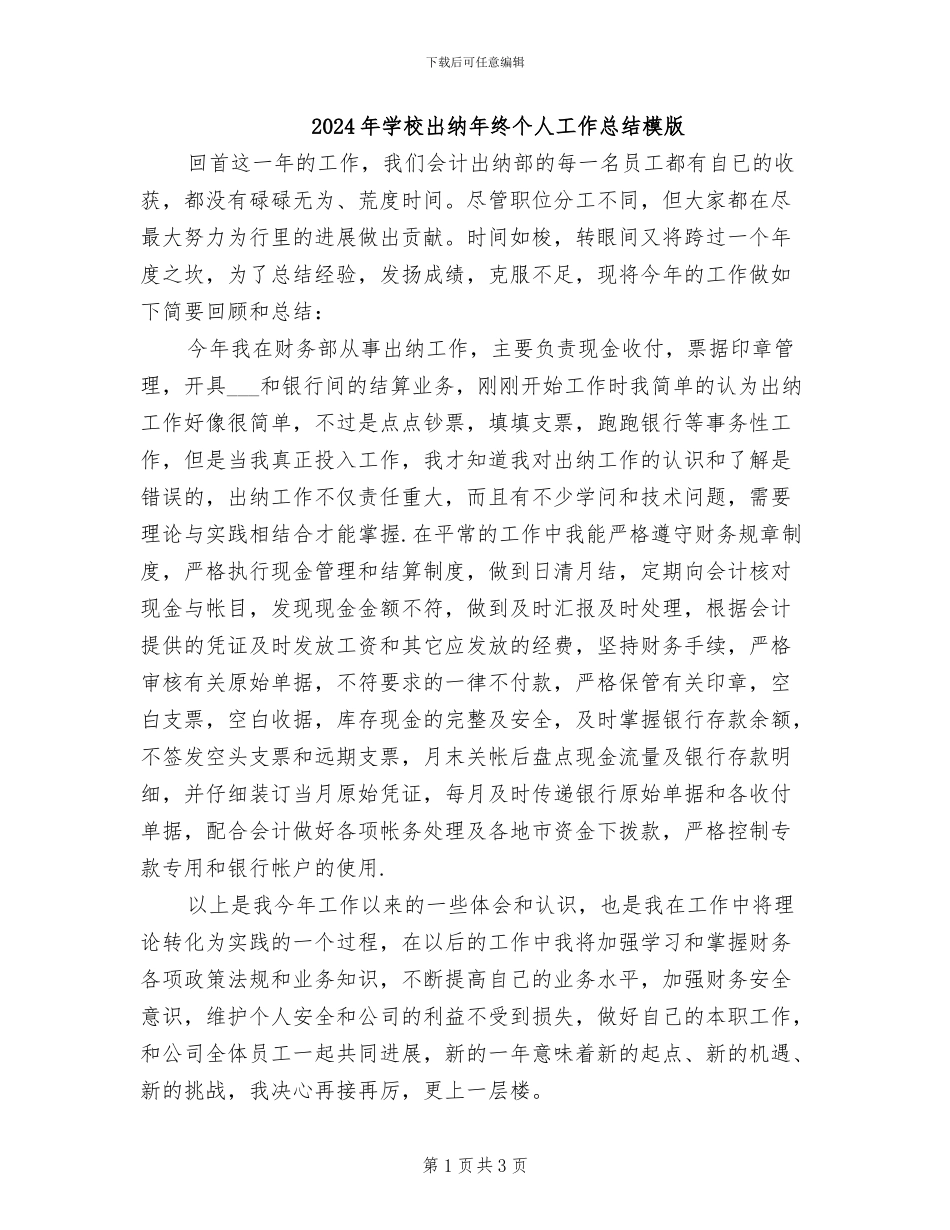 2024年学校出纳年终个人工作总结模版_第1页