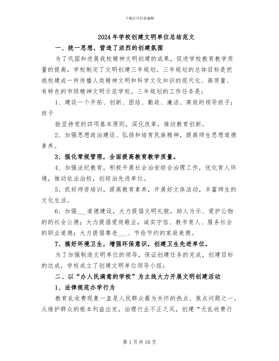 2024年学校创建文明单位总结范文_第1页