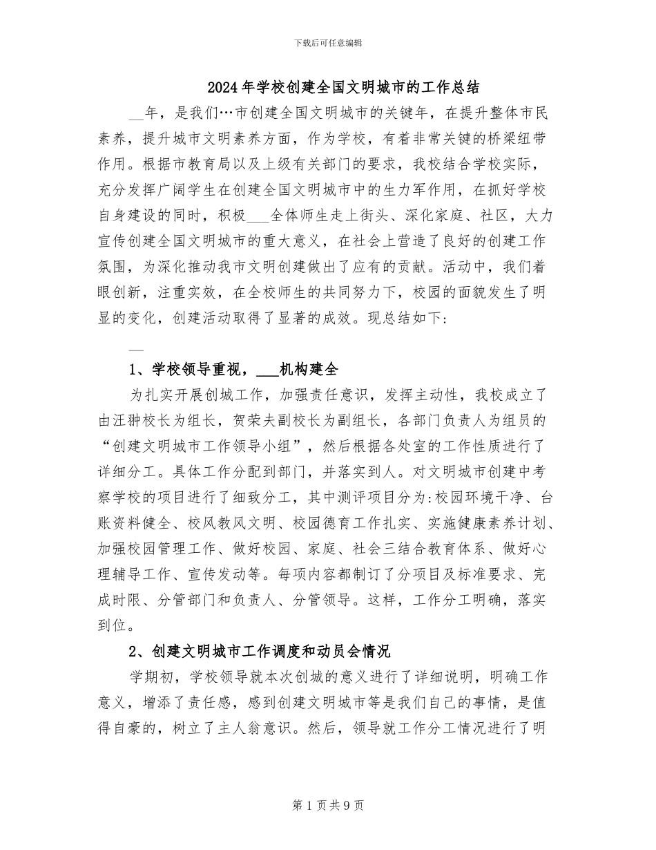 2024年学校创建全国文明城市的工作总结_第1页