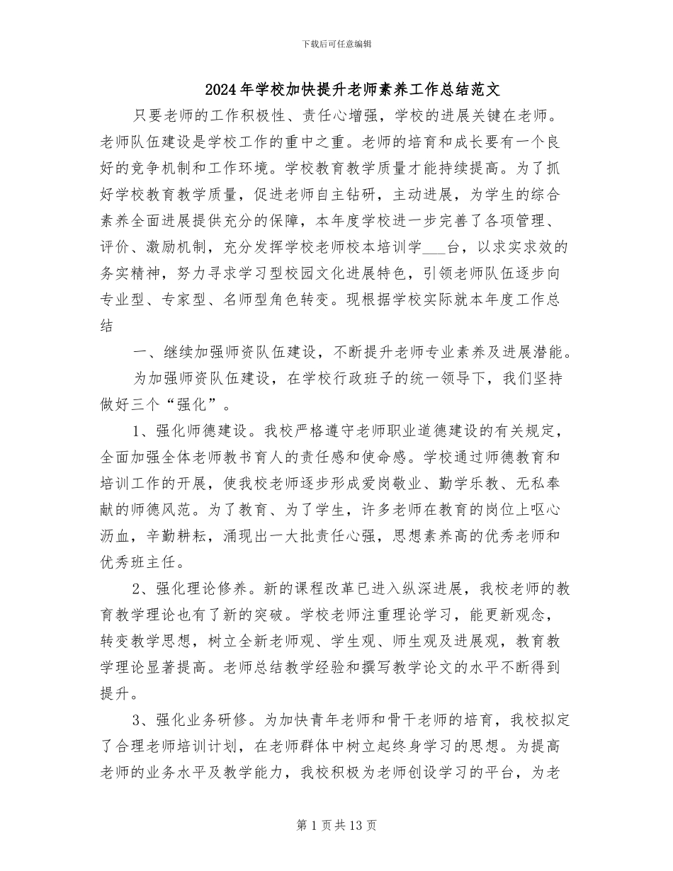 2024年学校加快提升老师素养工作总结范文_第1页