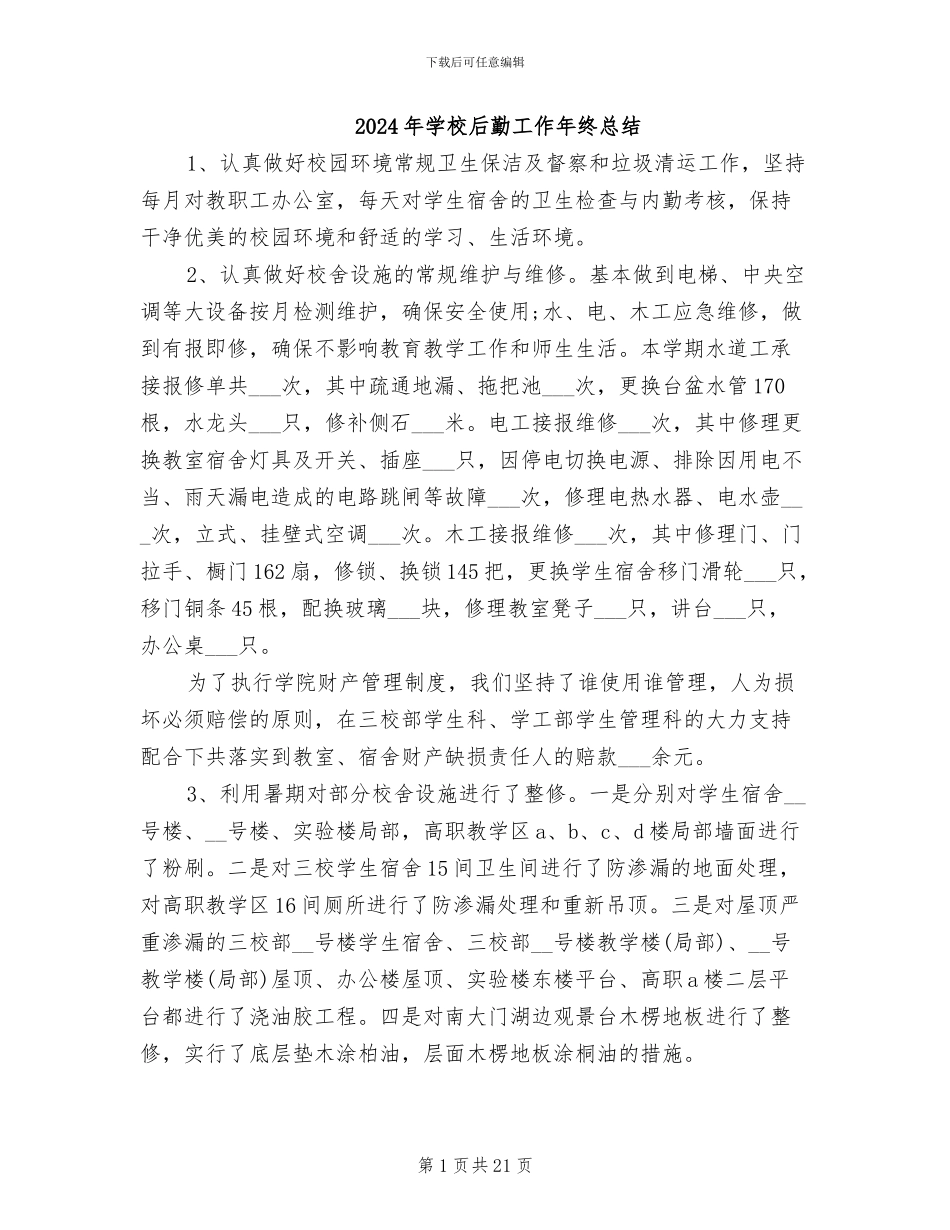 2024年学校后勤工作年终总结_第1页