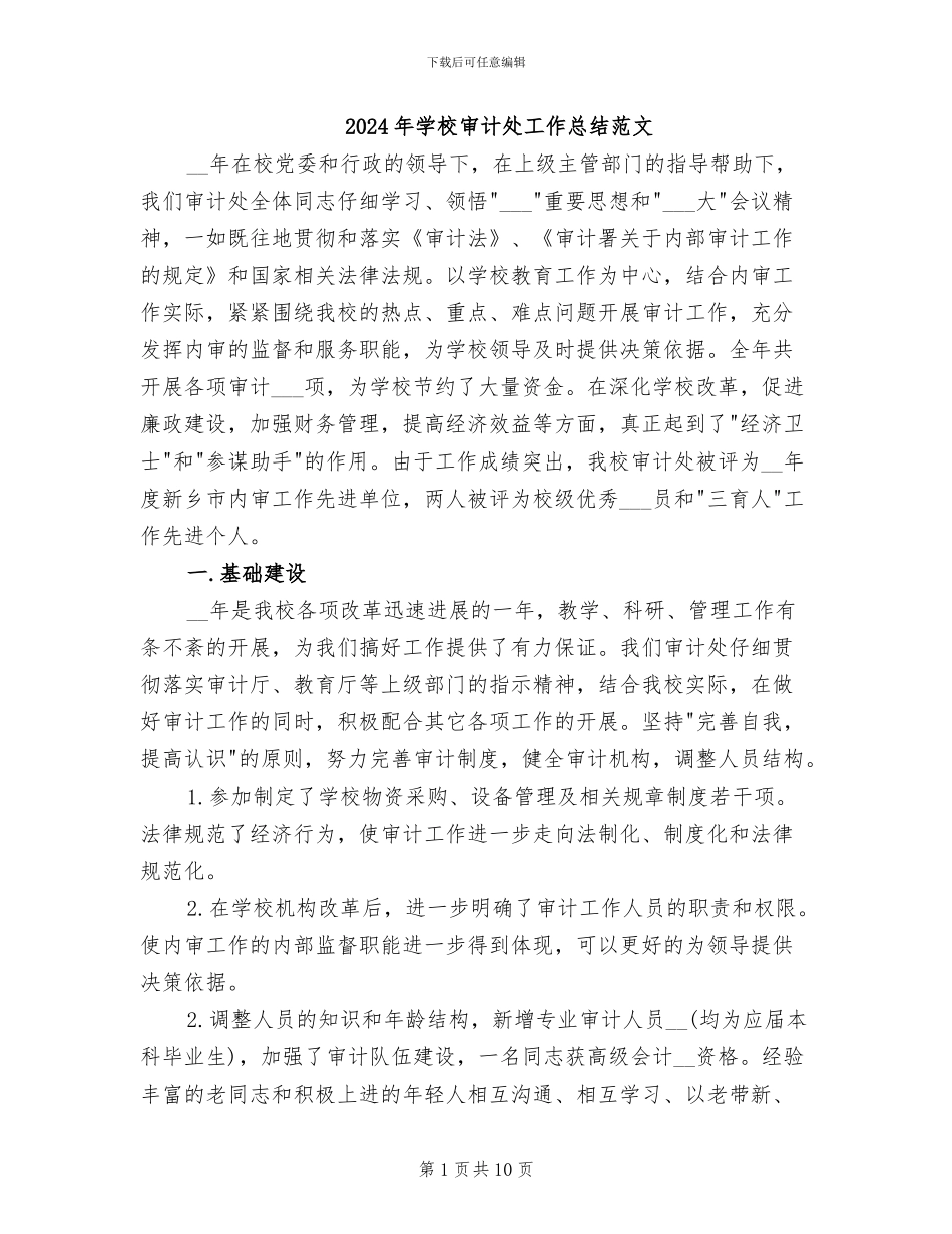 2024年学校审计处工作总结范文_第1页