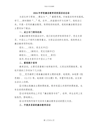 2024年学校廉洁教育进校园活动总结