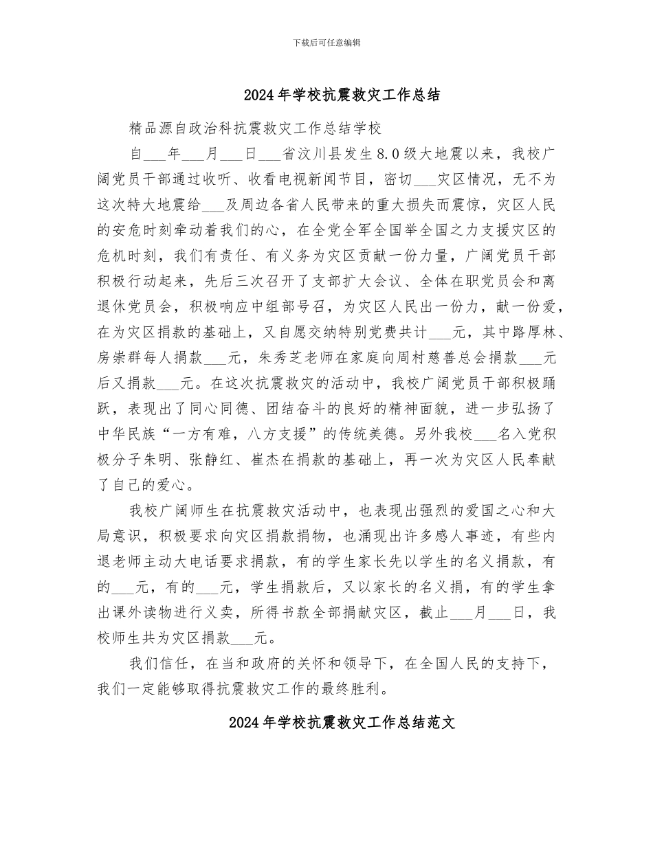 2024年学校抗震救灾工作总结_第1页
