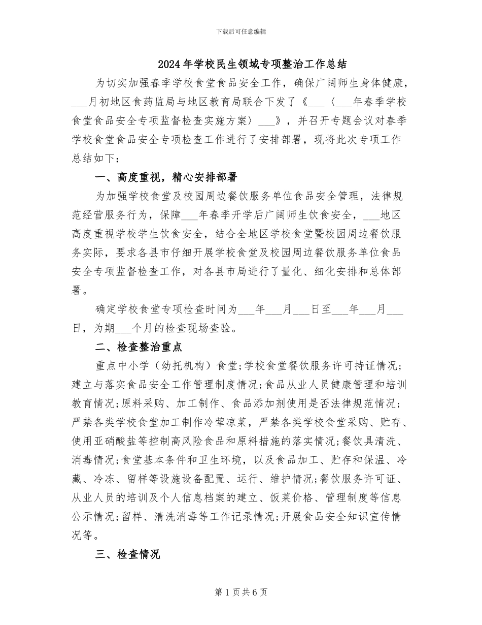 2024年学校民生领域专项整治工作总结_第1页