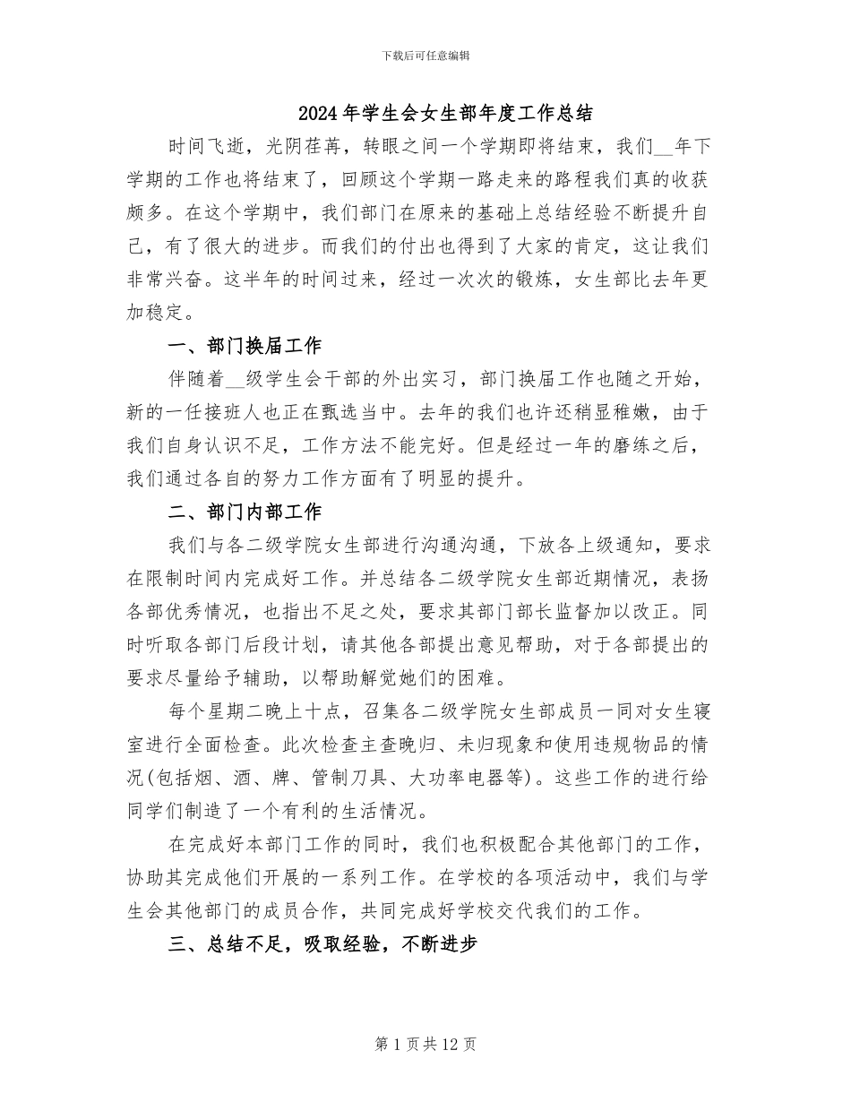 2024年学生会女生部年度工作总结_第1页