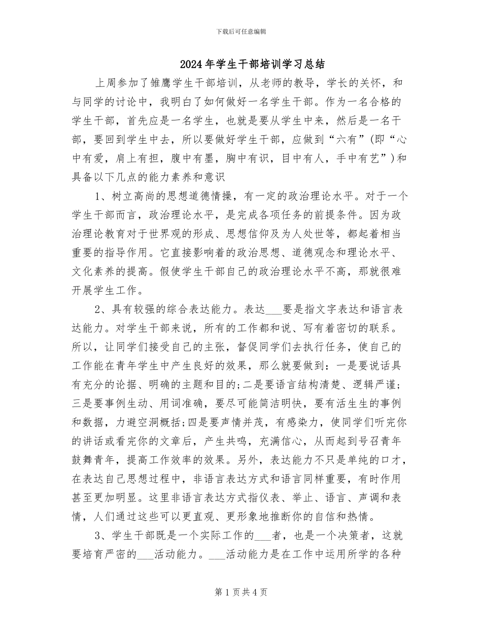 2024年学生干部培训学习总结_第1页
